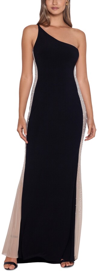 Xscape Evenings Beaded Colorblocked One-Shoulder Gown - Black/Nude/Silver -  ShopStyle