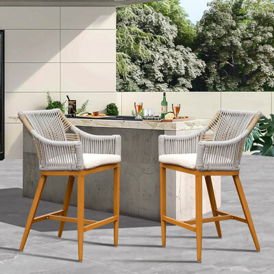 Dakota Fields Bar Stools Set Of 2 Outdoor Counter Height Bar Chairs With Arm And Backrest Tall Bar Stools With Cushion Modern Textilene Rope Boho Barstools
