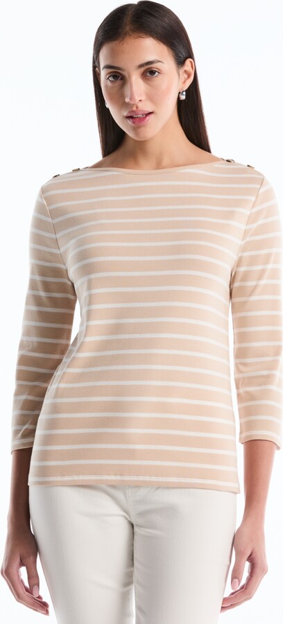 Rafaella Petite Stripe Button Detail Boat Neck Top