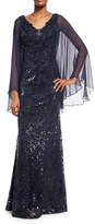 Thumbnail for your product : Rickie Freeman For Teri Jon Cape-Sleeve Sequin Leaf Silk Gown, Blue