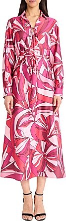 Donna Morgan Floral Print Charmeuse Collared Neck Long Sleeve Tie Waist Midi Dress