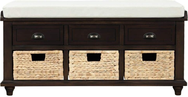 Qualler Brown Rustic Storage Bench with 3-Drawers and 3-Rattan Baskets 42.1 in. W x 15.4 in. D x 18.7 in. H