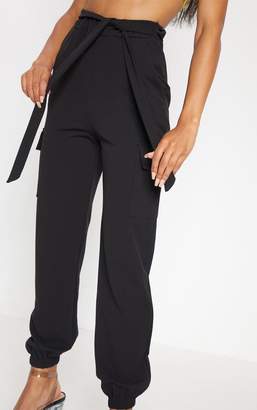 PrettyLittleThing Black Tie Waist Pocket Detail Trouser