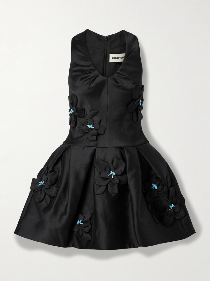 SHUSHU/TONG Embellished Appliquéd Duchesse-satin Mini Dress - Black