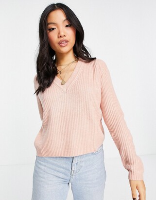 ASOS Petite DESIGN Petite boxy jumper in v neck with rib in pink