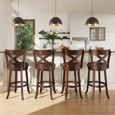 Danazia Traditional Brown 30'' Faux Leather Upholstered Bar Stool with X-back, Swivel for Kitchen