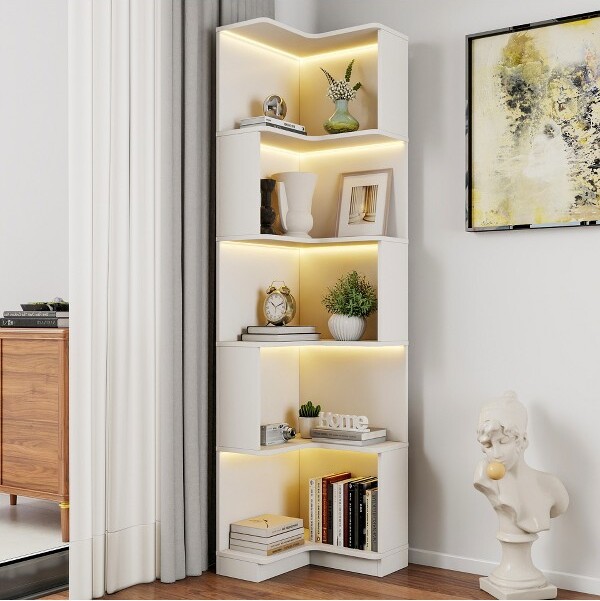 ORRD5-TierCornerBookshelfwithLEDLightsL-ShapedSpace-SavingBookcaseDisplayShelfforLivingRoomHomeOfficeBedroom
