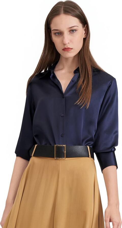 LilySilk Silk Shirt 22 Momme Button Down 100 Pure Mulberry Silk Long Sleeve  Ladies Classic Solid Silk Blouse Tops for Women(Navy-Blue - ShopStyle