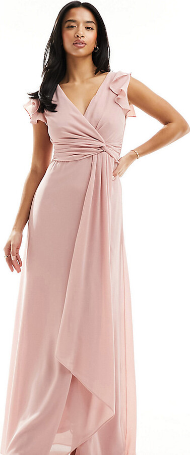TFNC Petite Bridesmaid flutter sleeve ruffle detail maxi dress in blush ...