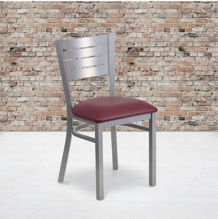 Emma+Oliver 2 Pc. Silver Slat Back Metal Restaurant Chairs - Burgundy vinyl seat/silver frame