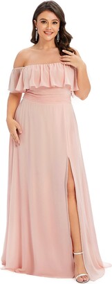 Ever-Pretty Women's Evening Dresses Off The Shoulder Ruffle A Line Thigh High Slit Pink 24