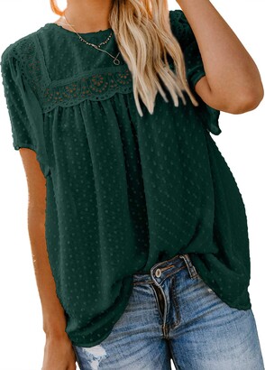 Diukia Womens Flowy Chiffon Pom Pom Short Sleeve Shirt Blouse Cute Elegant  Lace Crochet Solid Color Blouses 2023 Summer Casual Crewneck Back Keyhole  Pullover for Teen Girls Juniors Green XL - ShopStyle