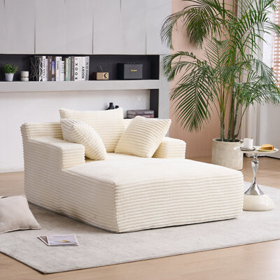 Mercer41 Oversized Chaise Longue Chair Indoor Modern Upholstered Corduroy Deep Seat Sofa Bed with Throw Pillows and Armrests Sleeper Sofa Couch for Living Ro