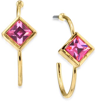 2028 14K Gold-tone Diamond Shape Crystal Open Hoop Stainless Steel Post Small Earrings
