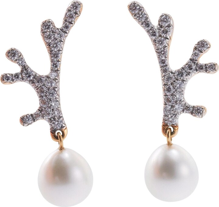 Angela Cummings For Assael Coral Motif Diamond Pearl Gold Earrings