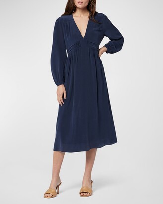 Ruched Blouson-Sleeve Midi Dress