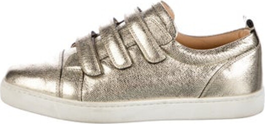 Christian Louboutin Leather Low Top Sneakers Gold & Metallic Round-Toes Velcro Closure at Uppers Designer