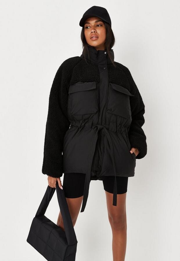 Missguided Tall Black Borg Teddy Tie Waist Puffer Coat - ShopStyle