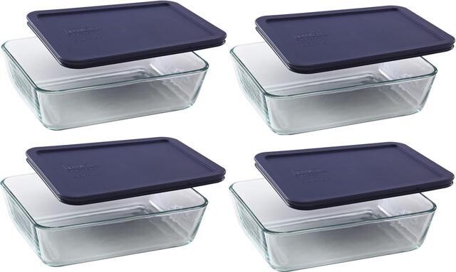 TUKO Pyrex 6-cup 7211 Rectangle Glass Food Storage Containers with Blue Plastic Lids - 4 Pack Made in the USA