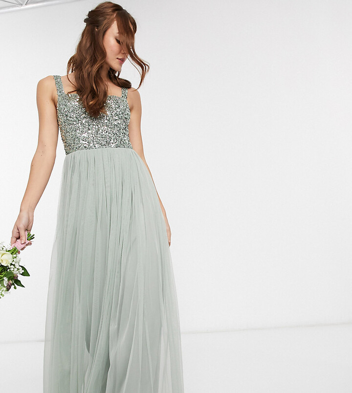 maya high neck maxi tulle dress with tonal delicate sequins