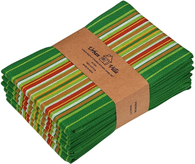 Urban Villa Kitchen Towels Leaf Green Waffle Stripes Premium Quality 100% Cotton Dish Towels Mitered Corners Ultra Soft (Size: 20X30 Inch) Highly Absorbent Bar Towels & Tea Towels - (Set of 6)