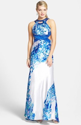 Morgan & Co. Watercolor Print Embellished Open Back Satin Train Gown (Juniors)