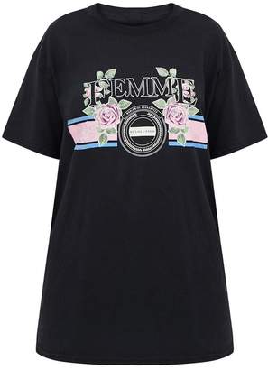 PrettyLittleThing Black Femme Slogan Rose Oversized T Shirt