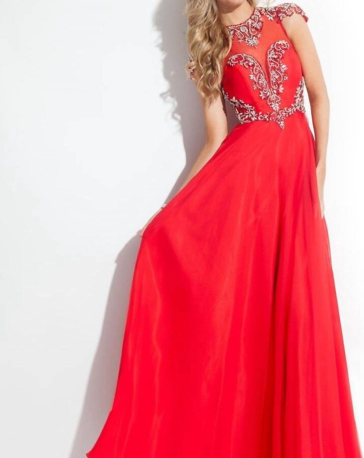 RACHEL ALLAN High Mesh Neck Beaded Chiffon Gown In Red