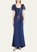 Beaded Lace-Sleeve A-Line Gown 