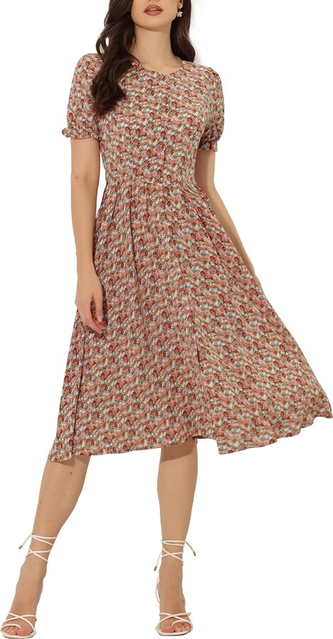 Unique Bargains Women’s Floral Round Neck Ruffle Sleeve Button Down Midi ShirtDress