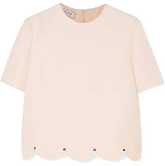 Valentino Studded Scalloped Wool And Silk-blend Crepe Top - Ivory