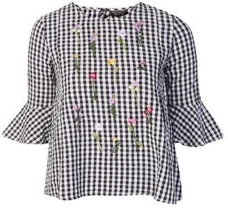Topshop Gingham embroidered flute sleeve top
