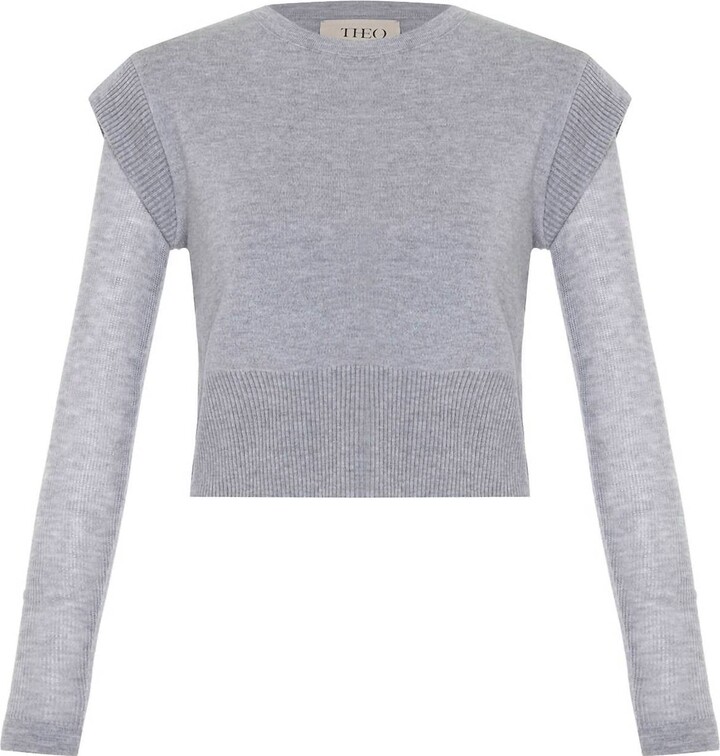 THEO THE LABEL Women's Nomia Sheer Sleeve Crew Neck Sweater In Heather Grey
