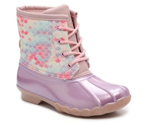 grey and pink duck boots