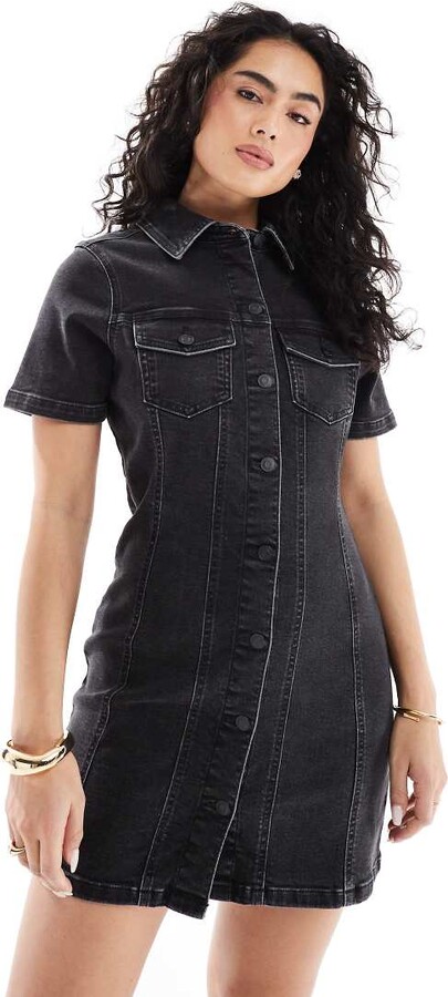 ASOS DESIGN denim fitted shirt mini dress in wash black