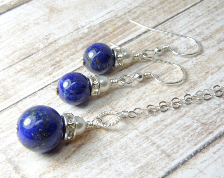Etsy Lapis Lazuli Set Sterling Silver Blue Stone Necklace & Earrings September Birthday Birthstone Jewelry Anniversary Graduation Gift