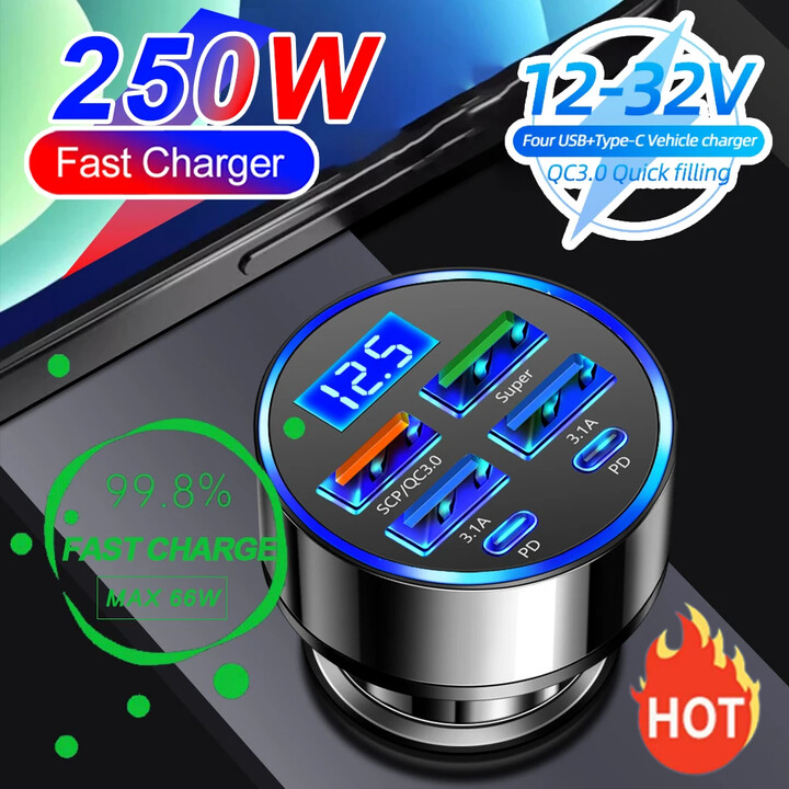 OnePlus 250W PD Car Charger QC3.0 Fast Charge 6-in-1 Car Cigarette Lighter Plug 5 Port Car Charger Flash Charge with Digital Display