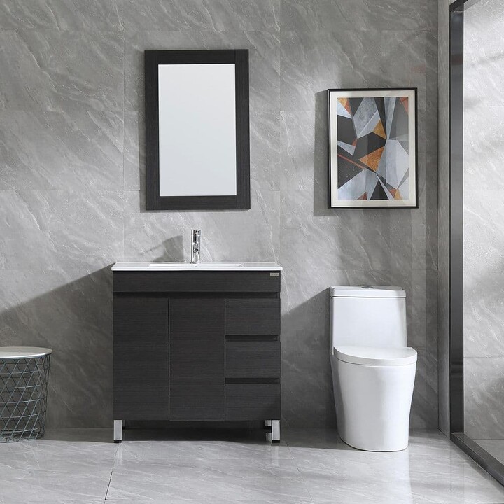 wonline 32 in. W x 19 in. D x 60 in. H Single Sink Bath Vanity in Black with Ceramic Vessel Sink Top and Mirror