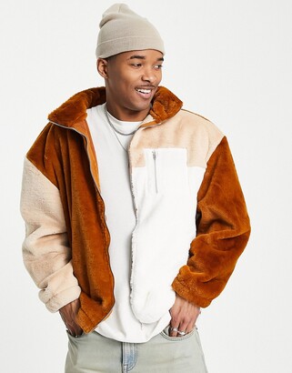 Liquor N Poker micro fur jacket in cream and brown panelling - ShopStyle