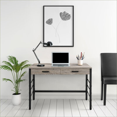 Inbox Zero Desks Writing Desk with 2 Drawers & USB Ports Light Weathered Oak & Black | Wood+Metal | 42.5W x 22.5D x 30.5H Inches