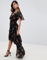 Thumbnail for your product : ASOS DESIGN maxi dress with cape back and dipped hem in dark black floral