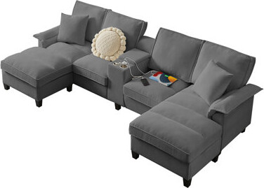 Latitude Run U-shaped Corduroy Sofa With Storage & Cup Holders – Modern Lounge Furniture For Living Rooms