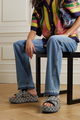 Gucci Angelina Leather-trimmed Logo-jacquard Coated-canvas Platform Slides  - Midnight blue - IT34 - ShopStyle