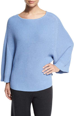 Joan Vass Ribbed Boat-Neck Dolman Sweater, Blue
