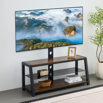 Ebern Designs Rustic Brown Wooden Storage TV Stand With Black Tempered Glass And Height Adjustable Universal Swivel Mount | Gift Idea