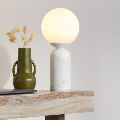 Brightech Mila Tall 15 in. Modern Marble and Frosted Globe Bedside Table Lamp with Touch Sensor and 3-Way Dimming Options - Integrated Energy-Saving LED Light