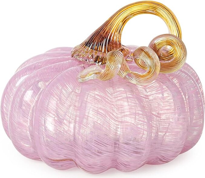 LONGWIN Hand Blown Glass Pink Pumpkin Figurines - 5.2 x 3.7 Inch Crystal Fake Pumpkin Home Decor Collectible Figurine Home Decorations for Tabletop/Halloween/Thanksgiving