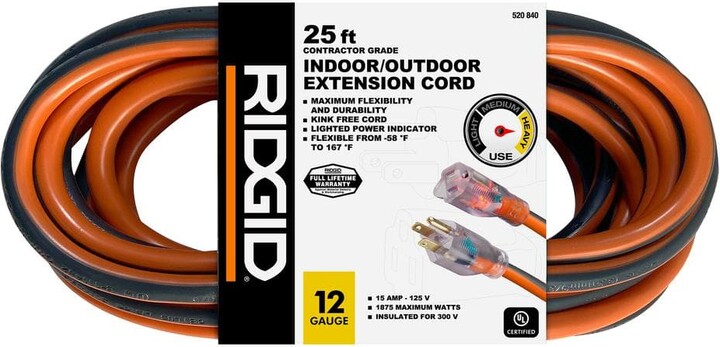 RIDGID 25 ft. 12/3 Heavy Duty Indoor/Outdoor Extension Cord with Lighted End, Orange/Grey