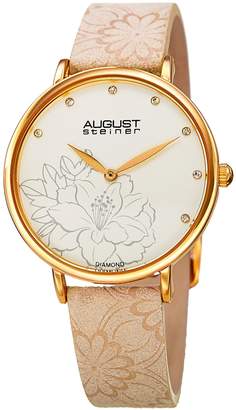August Steiner Women's Diamond Hibiscus Gold-Tone/Cream Leather Strap Watch - AS8242CM