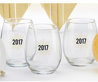 Kate Aspen Set of 4) New Years 2017 15 oz. Stemless Wine Glass